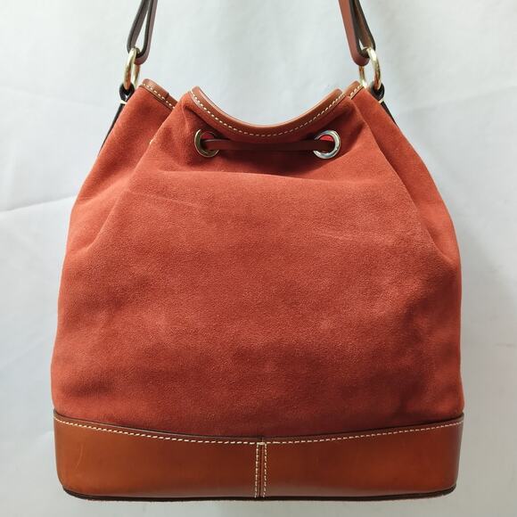 Dooney & Bourke Orange Suede Leather Trim Drawstring Shoulder Bag - Picture 3 of 15